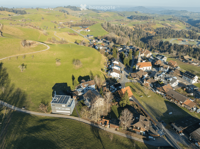 Aerial view of a village with multiple buildings, green fields, and trees.