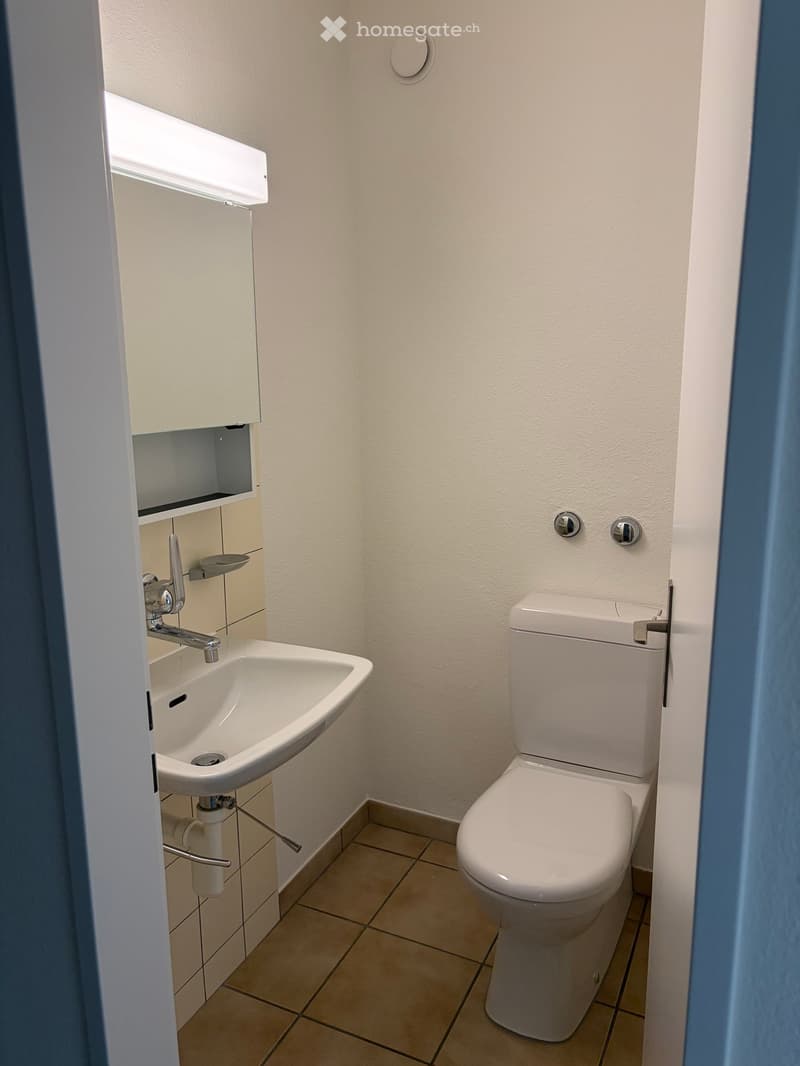 Compact bathroom with a white toilet, sink, and built-in cabinet with mirror. Light-colored tiled floor and walls.