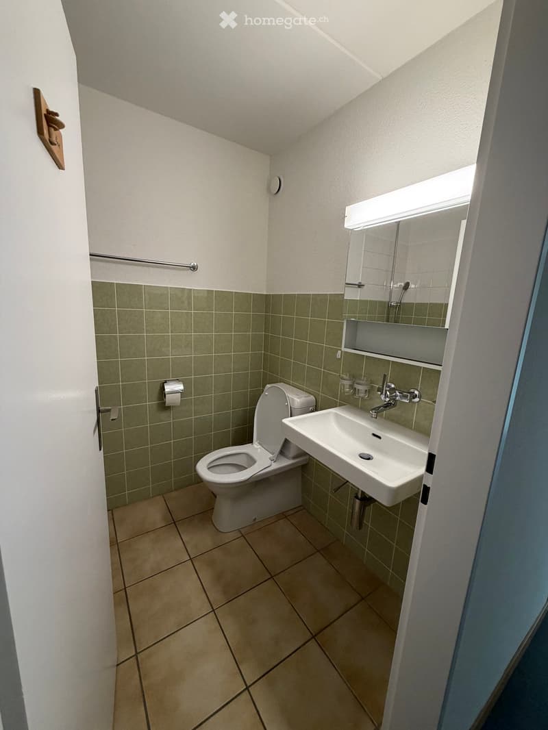Small bathroom with green tiled walls, beige tiled floor, toilet, sink, mirror, and a window with a built-in shelf.