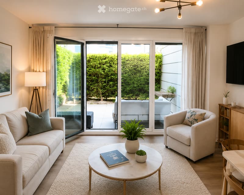 Modern living room with large windows and sliding glass doors leading to a balcony, featuring a beige sofa, armchair, coffee table, floor lamp, and potted plants.