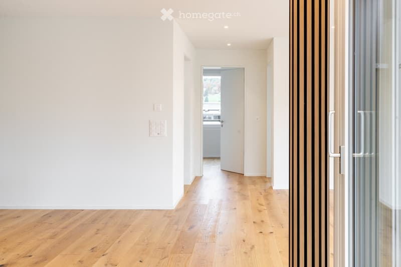 Modern hallway with light wooden flooring, white walls, recessed lighting, and a glass door leading to another room.
