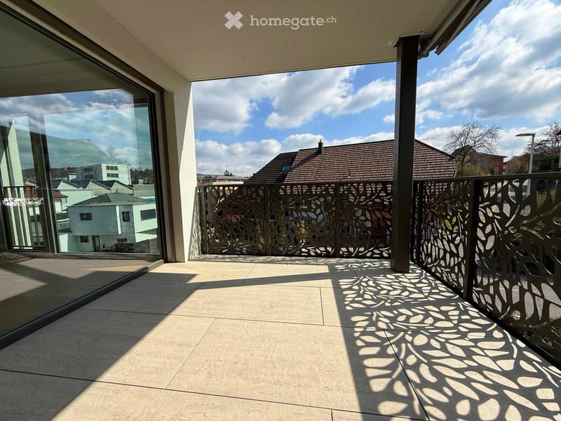 Balcony with modern glass walls, decorative metal railing, and a view of the surrounding neighborhood.