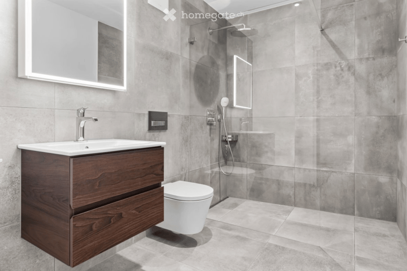 Modern bathroom with a wooden vanity, white sink, chrome faucet, toilet, and a glass-enclosed shower with a handheld showerhead.