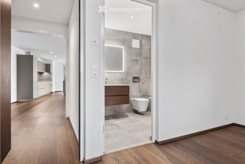 Modern hallway leading to a contemporary bathroom with a floating vanity, toilet, and sleek glass shower enclosure.