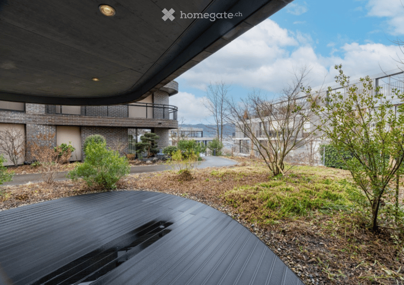 Modern outdoor area with a wooden deck, small garden beds, and a contemporary building in the background.