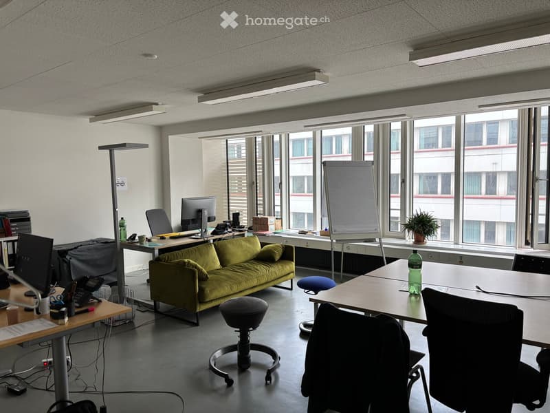 Office space with a green sofa, two tables, chairs, a screen, and a potted plant near the window.