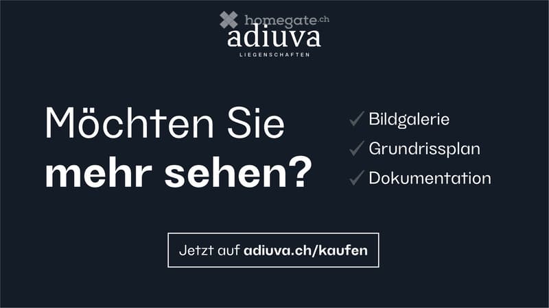 Promotional image for a real estate company, featuring text in German inviting viewers to see more, with options for image gallery, floor plans, and documentation.