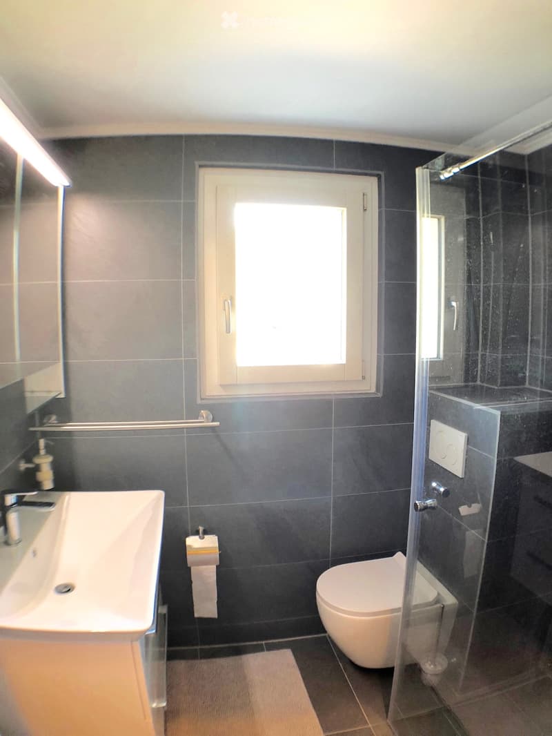 Modern bathroom with dark grey tiles, a white sink, a toilet, a glass-enclosed shower, and a window providing natural light.