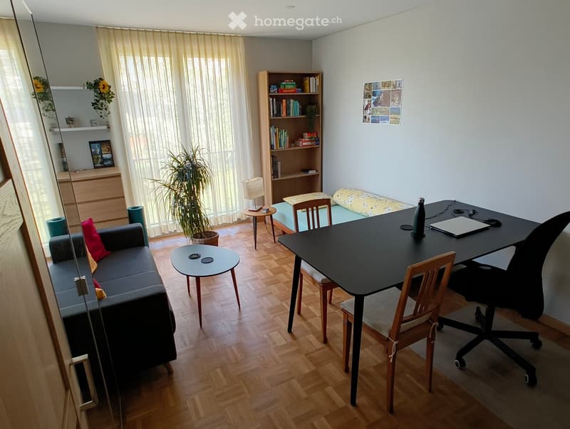 A modern, multi-functional room with a sofa, small round table, desk with laptop, bookshelf, and potted plant. The room features wooden flooring and large windows with sheer curtains.