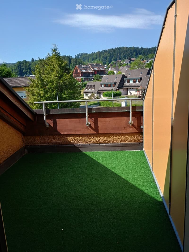 Balcony with artificial grass surface, metal railing, and a view of a residential area with houses and trees.