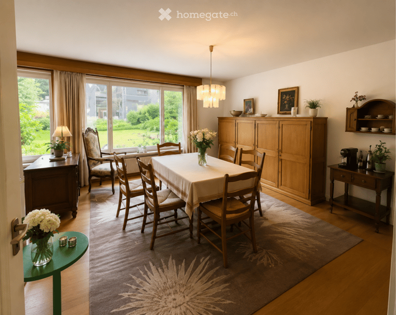 Dining room with wooden chairs, a dining table with a tablecloth, a sideboard, a lamp, and decorative vases.