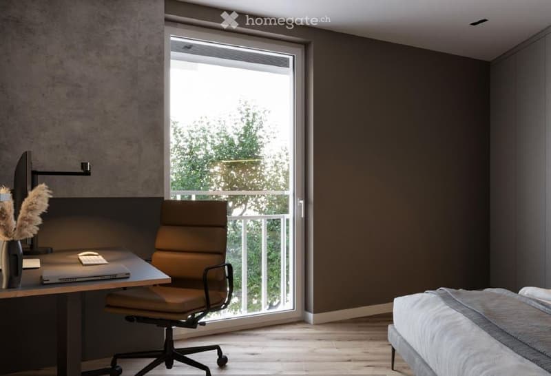 desk, office chair, laptop, window with balcony, bed
