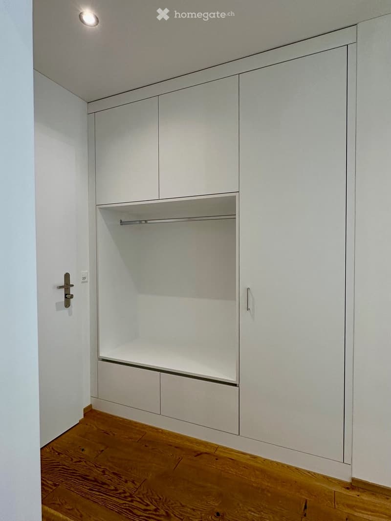 Empty room with white built-in closet and wooden floor.