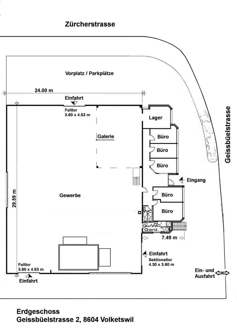 Ground floor layout of a commercial building with offices, warehouse, entrance, and parking area.