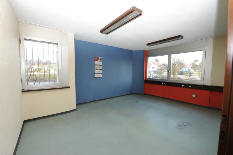 Empty room with blue and red walls, large windows, and a calendar on the wall. No furniture or equipment present.