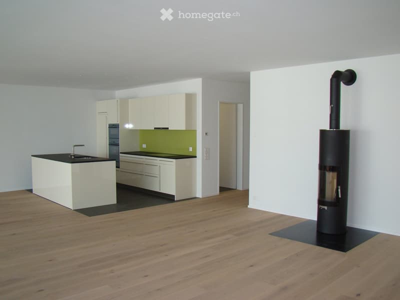 Modern kitchen with white cabinets, black countertops, and a central island. A wood-burning stove is positioned near the wall.