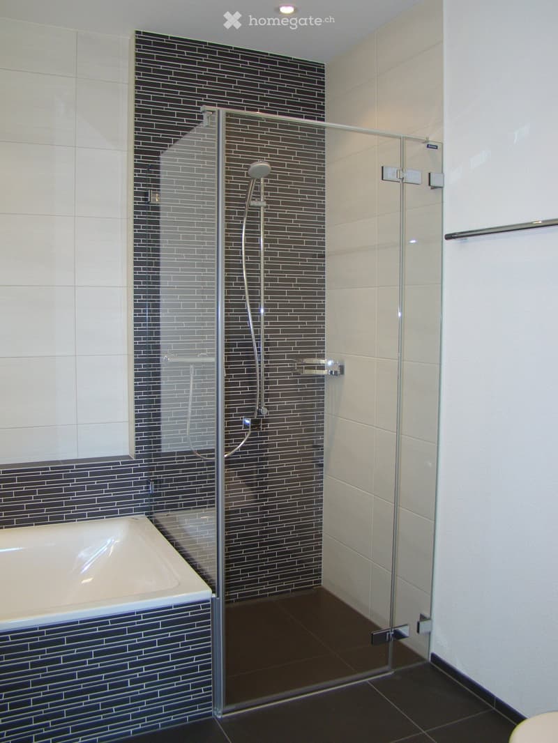 Modern bathroom with a bathtub, glass-enclosed shower, and dark blue brick-patterned tiles on the walls and edges of the bathtub.