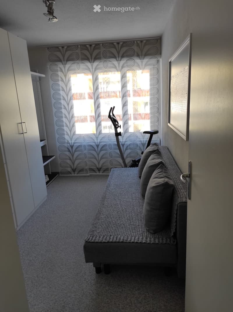 A small, modern living room with a grey sofa, decorative pillows, and an exercise bike near the window. The room features patterned curtains and a sleek, minimalist design.