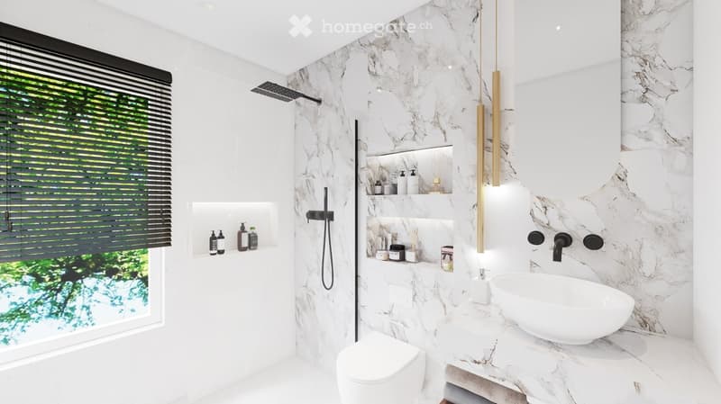 Modern bathroom with marble walls, a large window with blinds, a toilet, a sink with a modern faucet, and a shower area with a handheld showerhead.