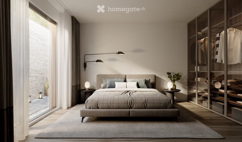 Modern bedroom with a large bed, nightstands, lamps, a wardrobe with mirrored doors, and a small plant on a side table.