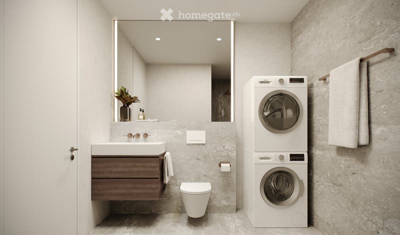 Modern bathroom with a sink, toilet, washing machine, and a large mirror. Features include a wooden vanity, a towel rack, and a small plant on the sink counter.