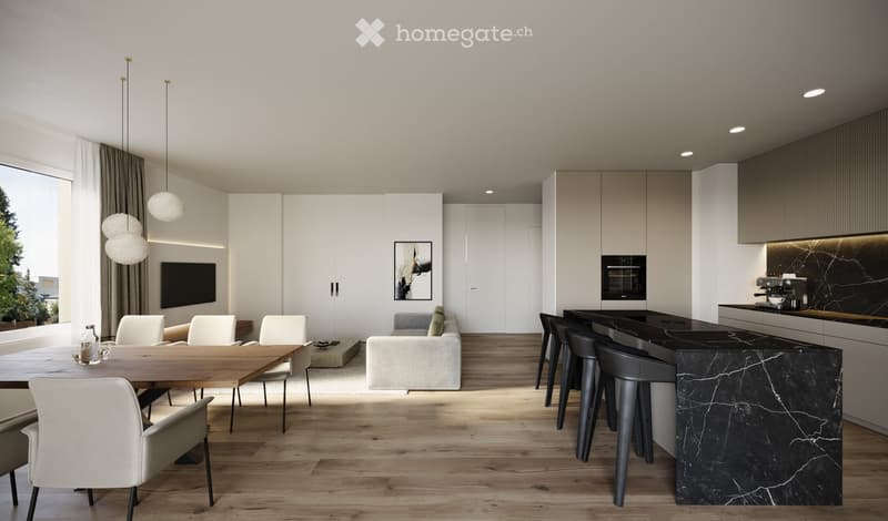 Open-plan living and dining area with modern furniture, a large wooden dining table, white chairs, a grey sofa, a black kitchen island, and sleek kitchen appliances.