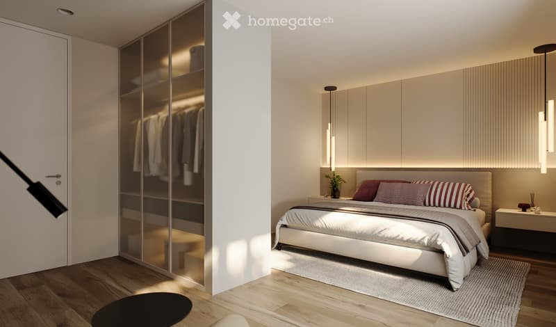 Modern bedroom with a large bed, nightstand, potted plant, sleek wardrobe, and a soft area rug.