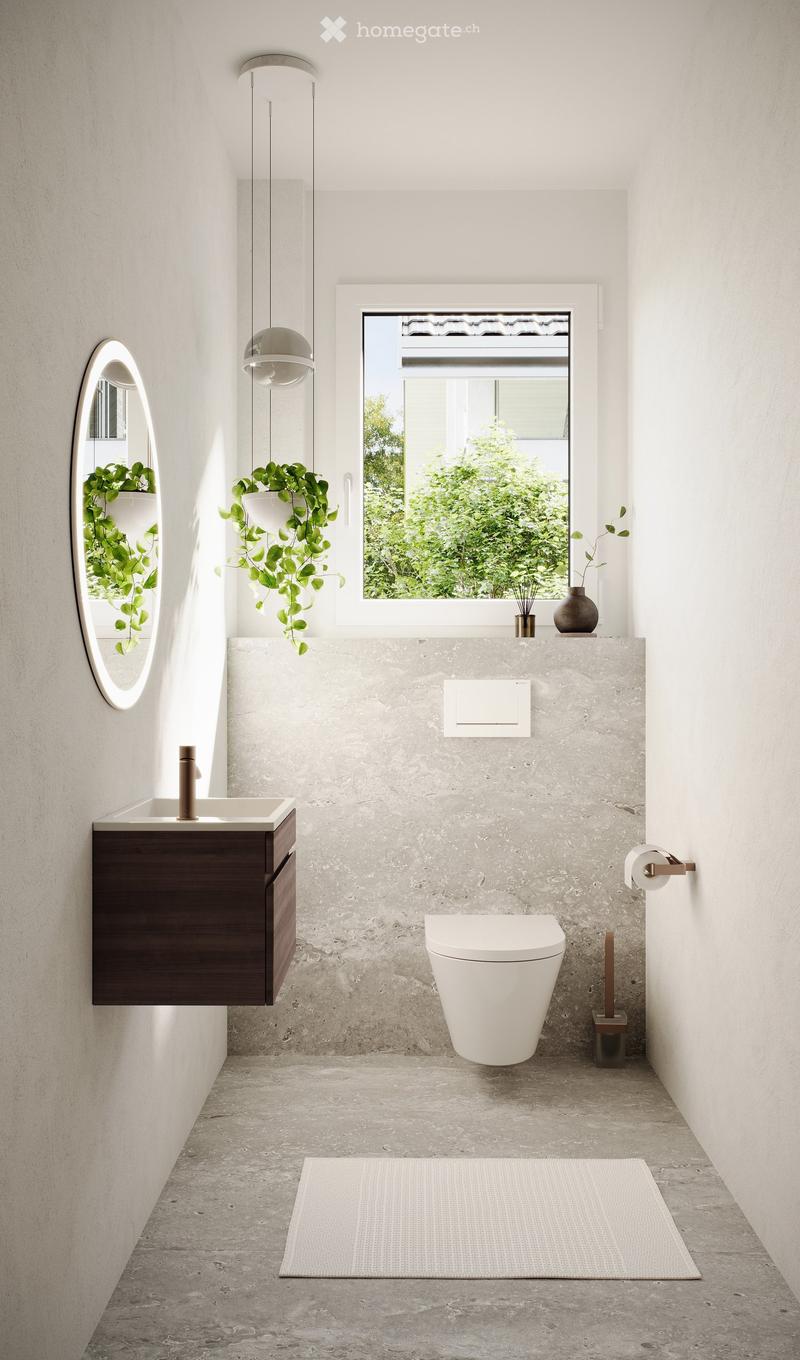 Modern bathroom with a floating sink, toilet, large window, and decorative plants. Features a sleek, minimalist design with a concrete floor and walls.