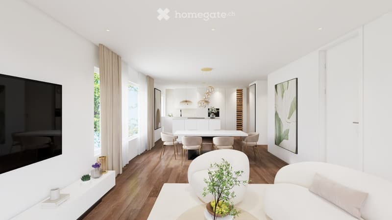 Modern living room with a white sofa, coffee table, dining area with chairs and table, pendant lights, large screen, and decorative plants.