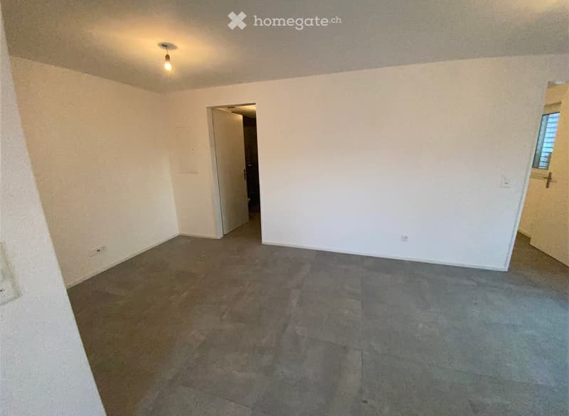 Empty room with white walls, carpeted floor, and a single light fixture on the ceiling. There are two open doors leading to other areas.