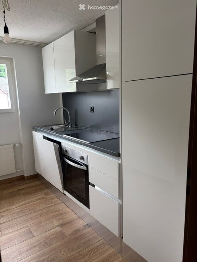 Modern kitchen with white cabinets, stainless steel appliances, and wooden flooring.