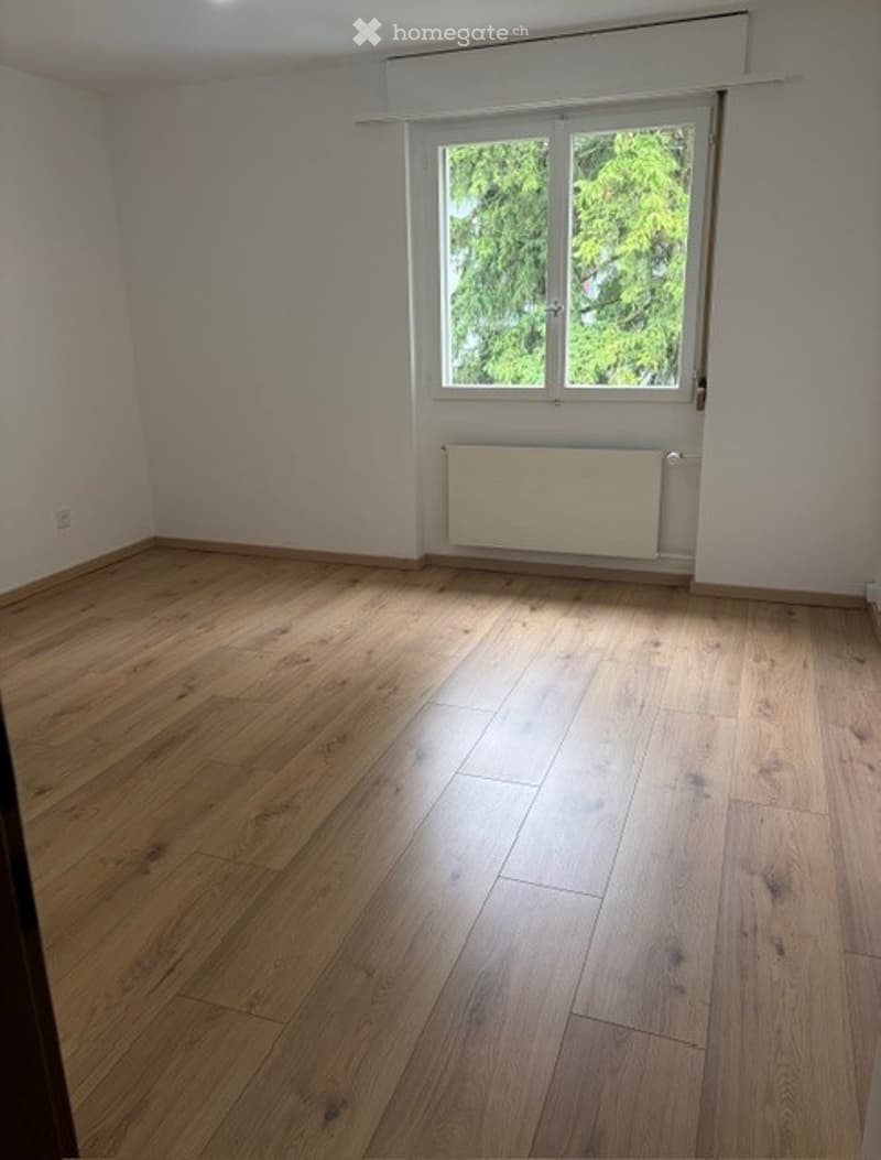 Empty room with wooden flooring, white walls, a window with white frame, and a radiator below the window.