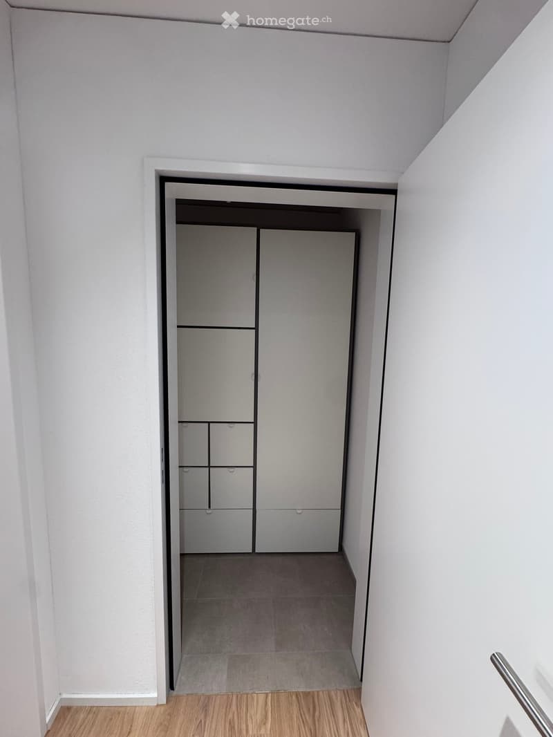 A narrow hallway with light-colored walls and a wooden floor leading to a closet with white sliding doors.