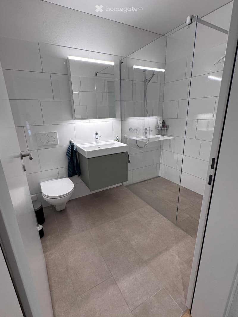 Modern bathroom with white tiles, a toilet, a sink with a dark cabinet, a large mirror, and a glass-enclosed shower area.