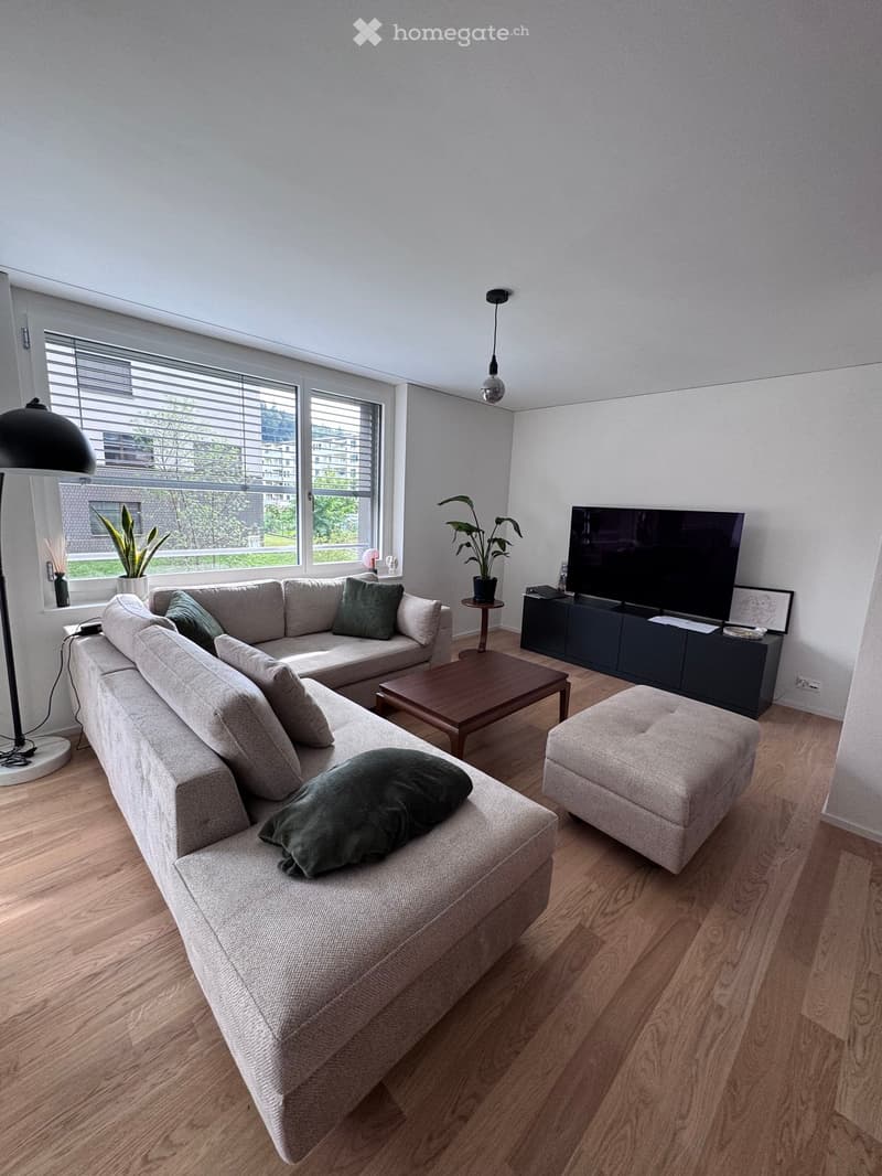 Modern living room with a grey sectional sofa, wooden coffee table, ottoman, TV, floor lamp, side table, and potted plants.