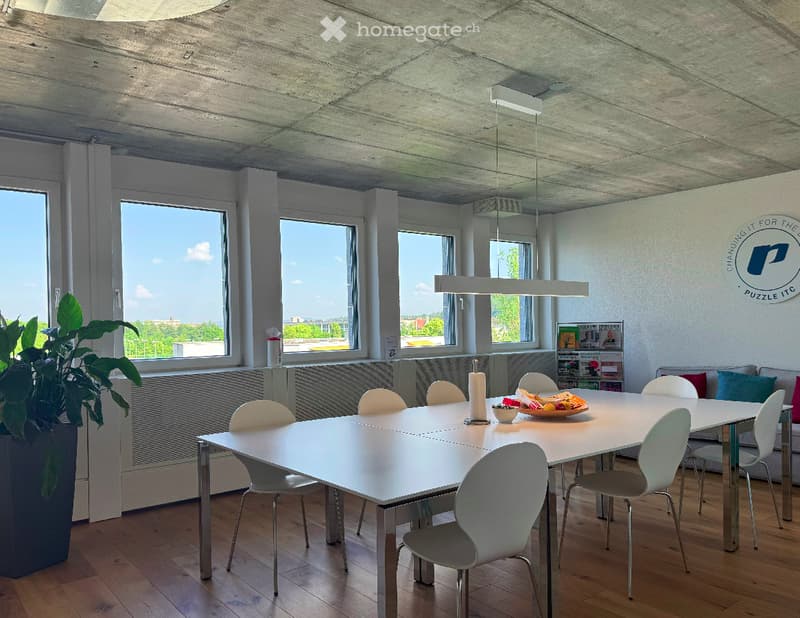 Bright, modern room with large windows, a long white table surrounded by chairs, a sofa with colorful cushions, a potted plant, and a decorative bowl on the table.