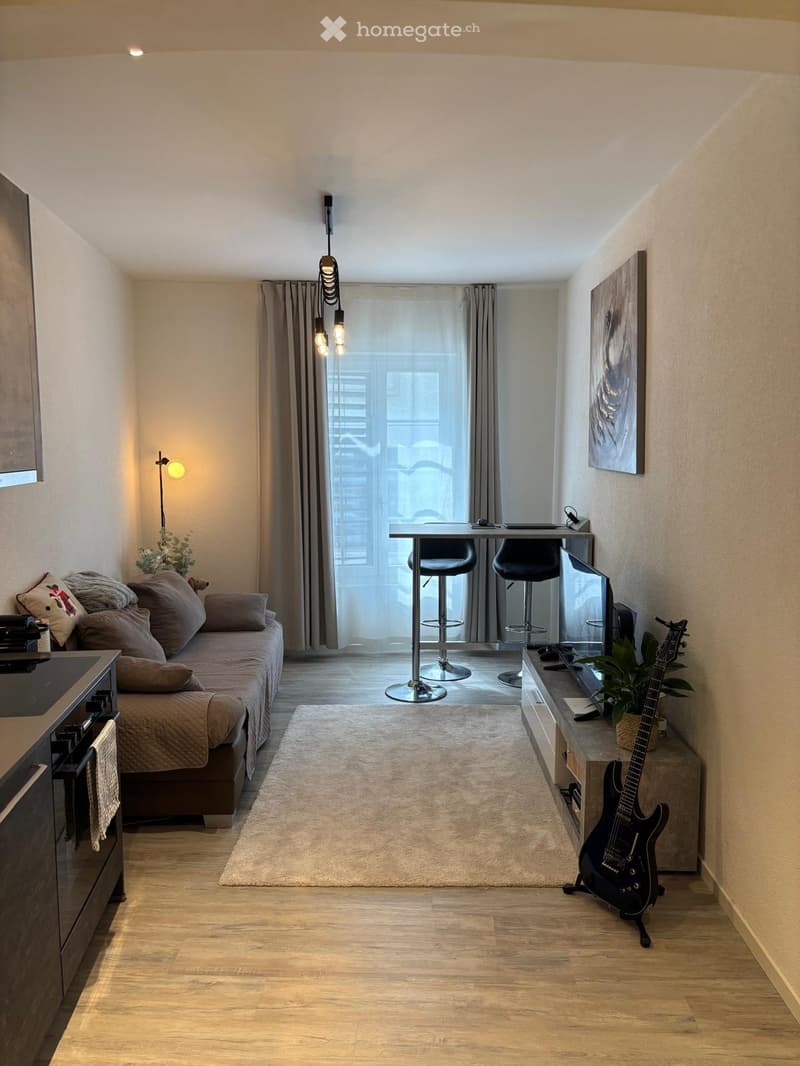 A modern, compact living space with a sofa, kitchen area, table with two stools, a guitar, and a TV screen. The room features wooden flooring, large windows with curtains, and decorative lighting.