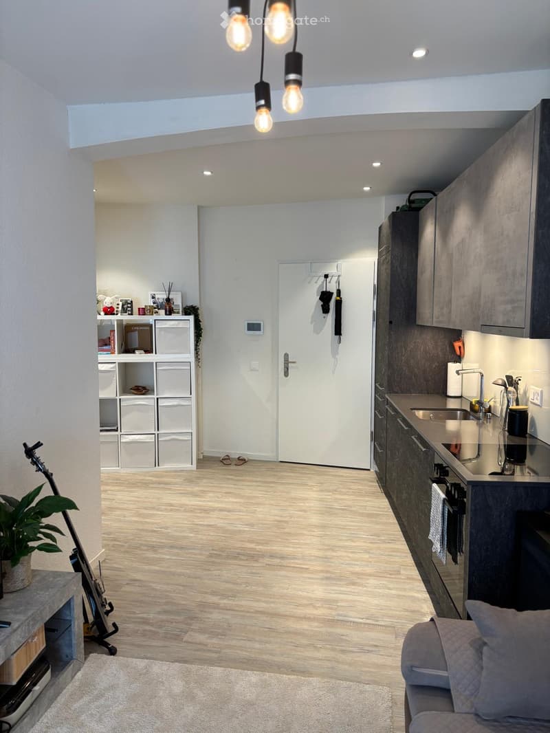 Open-plan living and kitchen area with light wood flooring, modern kitchen cabinets, a sofa, a guitar, and a small shelf with decorative items.