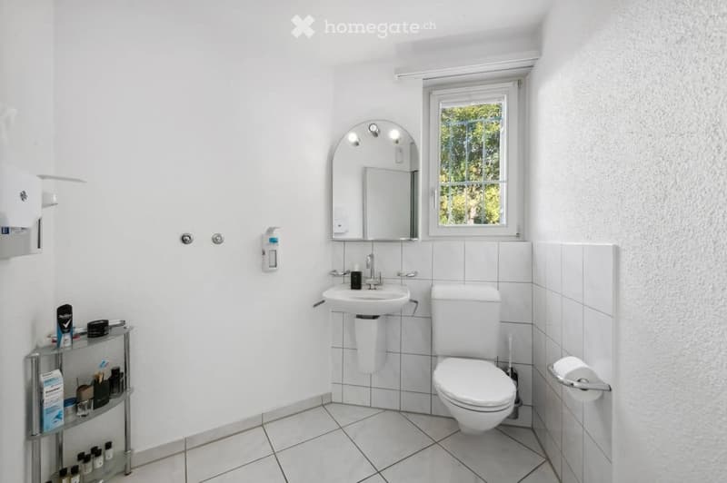 Modern bathroom with white tiles, a sink, toilet, mirror, and a glass shelf holding toiletries.