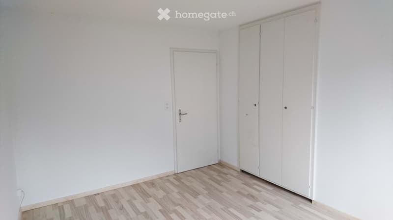Empty room with light-colored walls, wooden flooring, a white door, and built-in white closet units.