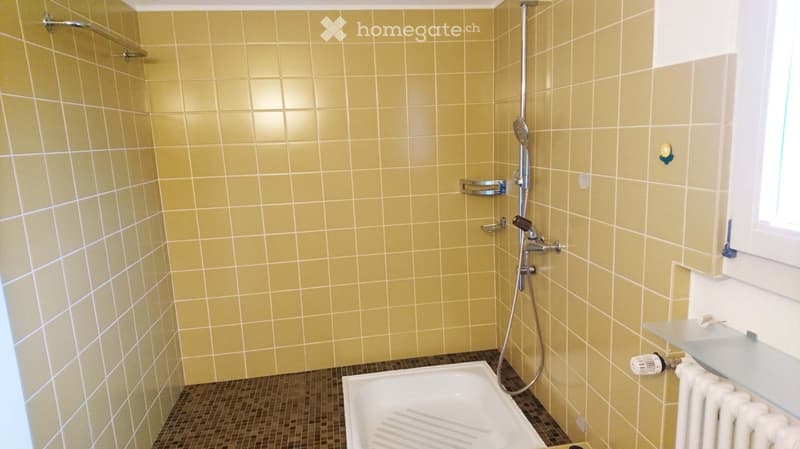 Bathroom with yellow tiled walls, a white bathtub, a shower with a handheld sprayer, a radiator, and a glass shelf.