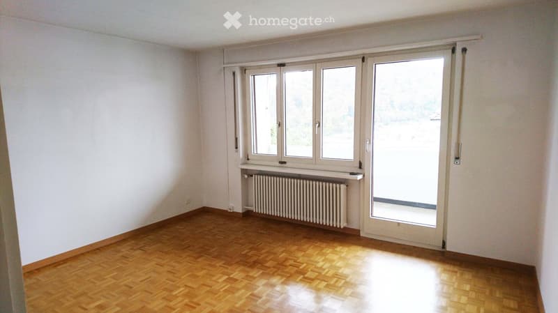 Empty room with wooden flooring, white walls, large windows, and a radiator under the windows.
