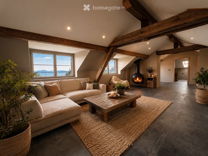 Modern living room with exposed wooden beams, large windows offering a scenic view, a beige sectional sofa, wooden coffee table, fireplace, and decorative plants.