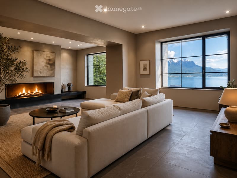 Modern living room with large windows offering a scenic mountain and lake view, a beige sectional sofa, a black coffee table, a fireplace, and decorative lamps.