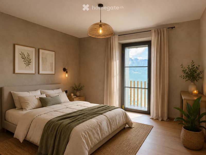Modern bedroom with a large bed, nightstand, potted plants, wall art, and a panoramic view through large windows.