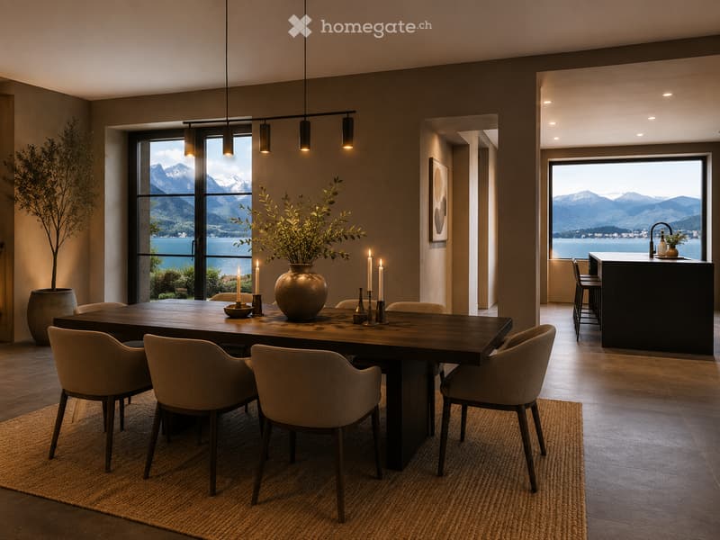 Elegant dining area with a large wooden table, six chairs, a vase with flowers, and candles. A bar counter with stools is visible in the background, with expansive mountain and lake views through large windows.