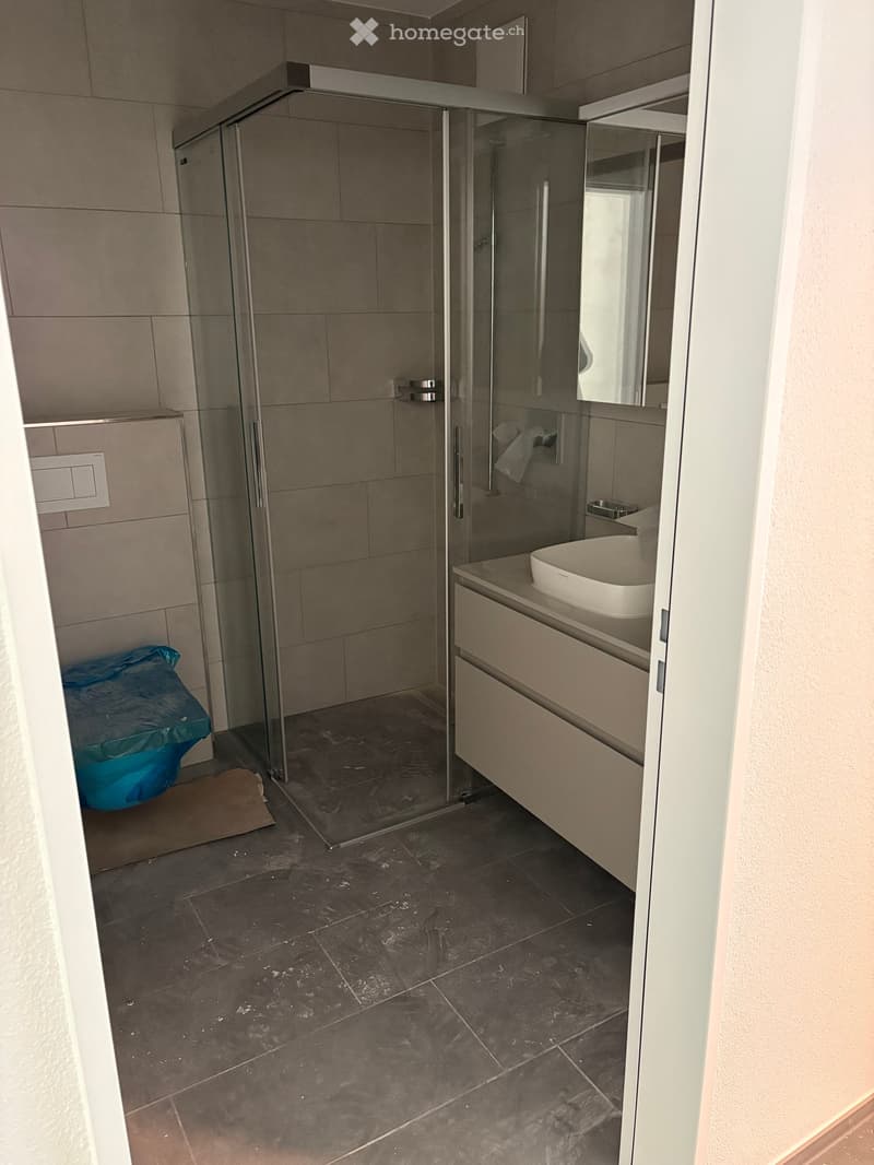 Modern bathroom with a glass-enclosed shower, a white sink, and a mirror. The floor is tiled, and the walls are tiled with a neutral color scheme.
