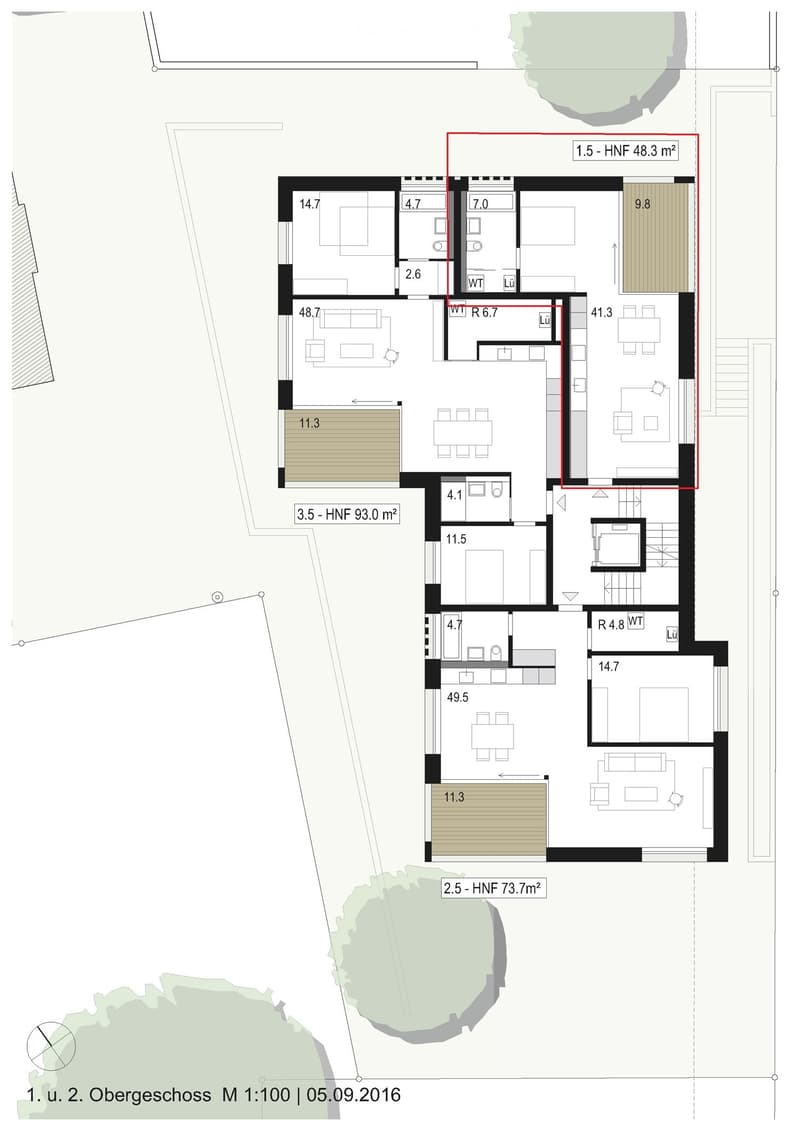 Floor plan of a two-story house with multiple rooms including living spaces, bedrooms, bathrooms, and a balcony.