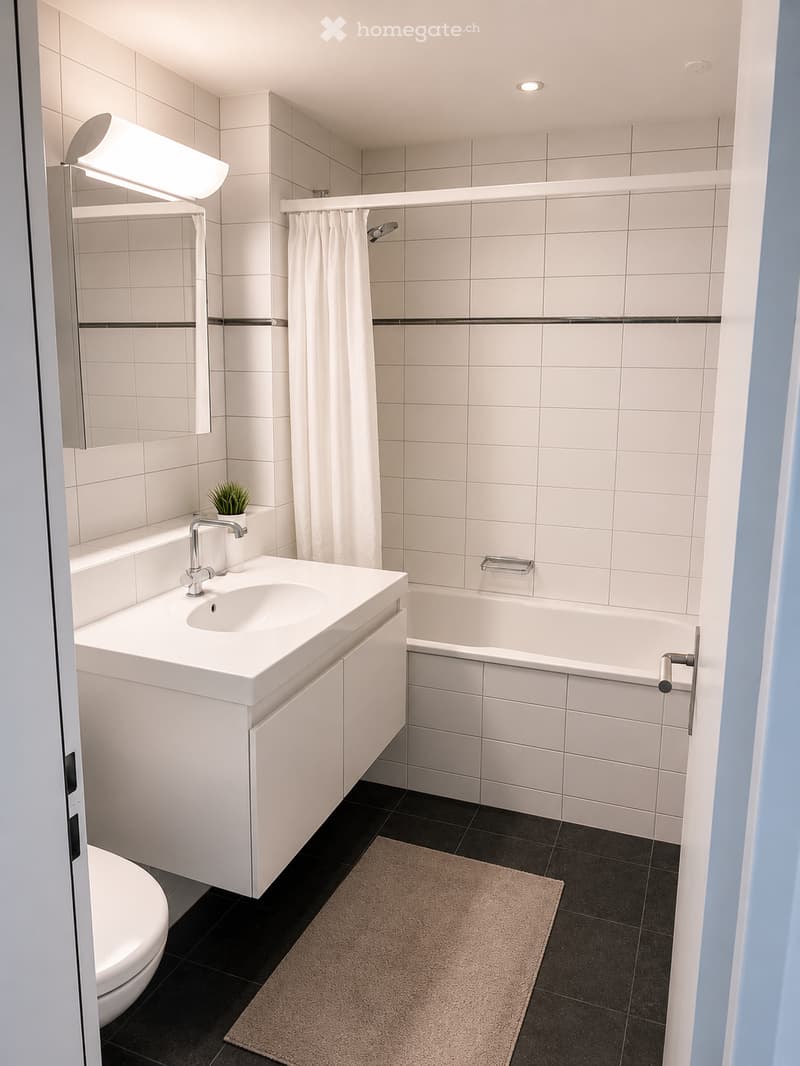 Modern bathroom with white tiles, a white sink with a silver faucet, a bathtub with a shower curtain, a toilet, a mirror, a small plant on the sink counter, and a beige rug on the black tiled floor.