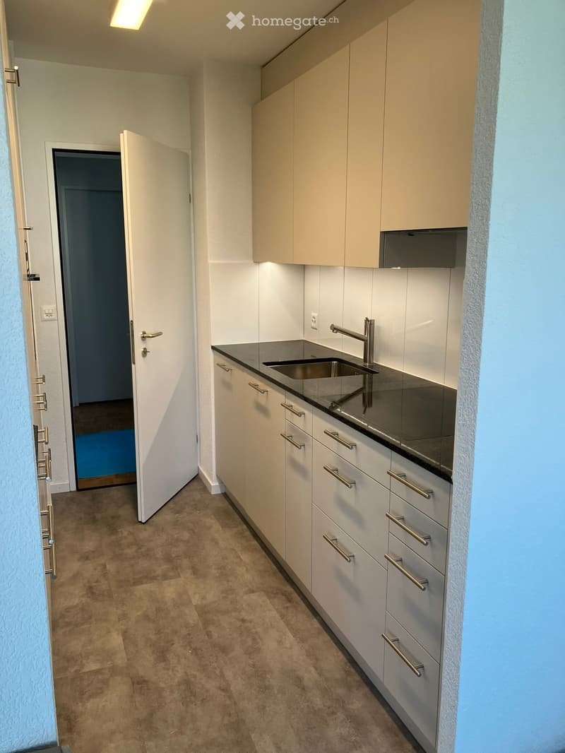 Modern kitchen with white cabinets, stainless steel sink, and a sleek faucet. The space features a black countertop and a beige tiled floor.